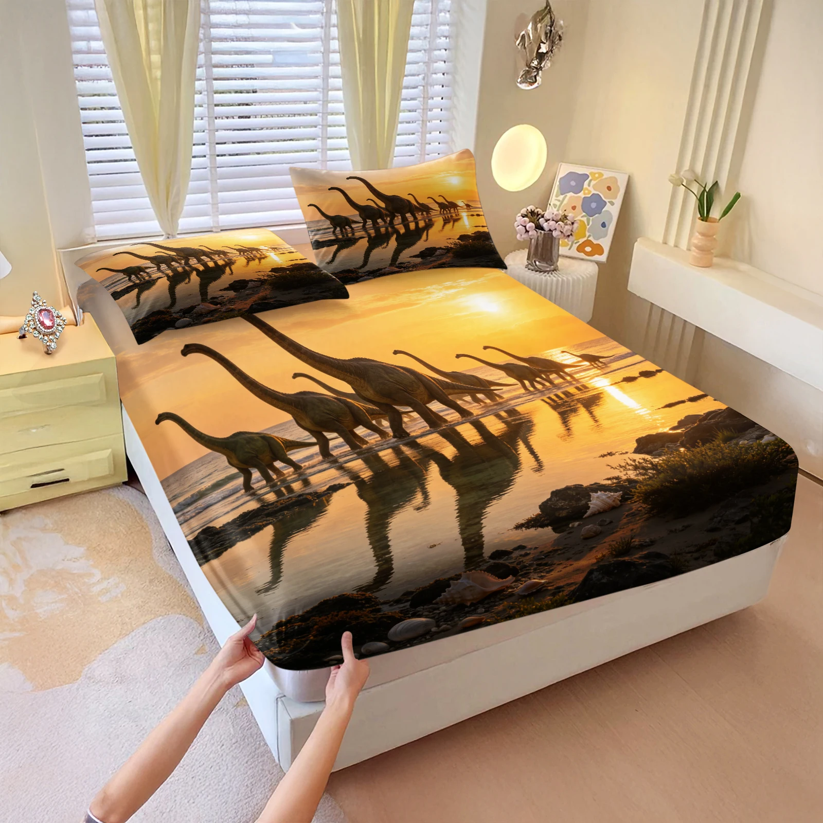 Sunset Beach Sauropod Dinosaur Fitted Sheet Set Elastic Deep Pocket Bed Cover Ultra‑HD Dinosaur Herd Walking Print Bedding Sheet