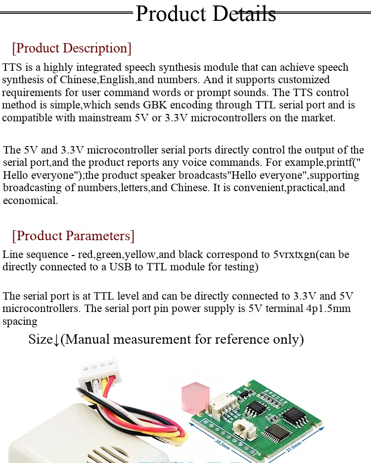 TTS Chinesische Text-zu-Sprache, mit Lautsprecher, UART-gesteuerte Wiedergabe für Roboter-Ankündigungen – Detail 2