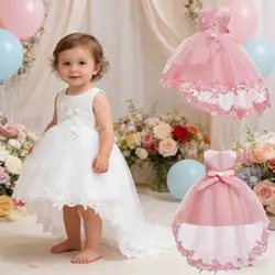Girl Princess Dress Baby Baptism Lace Solid Long Tailing Dress 1 Year Birthday Party CarnivalBridesmaid Vestidos for 0-24Months