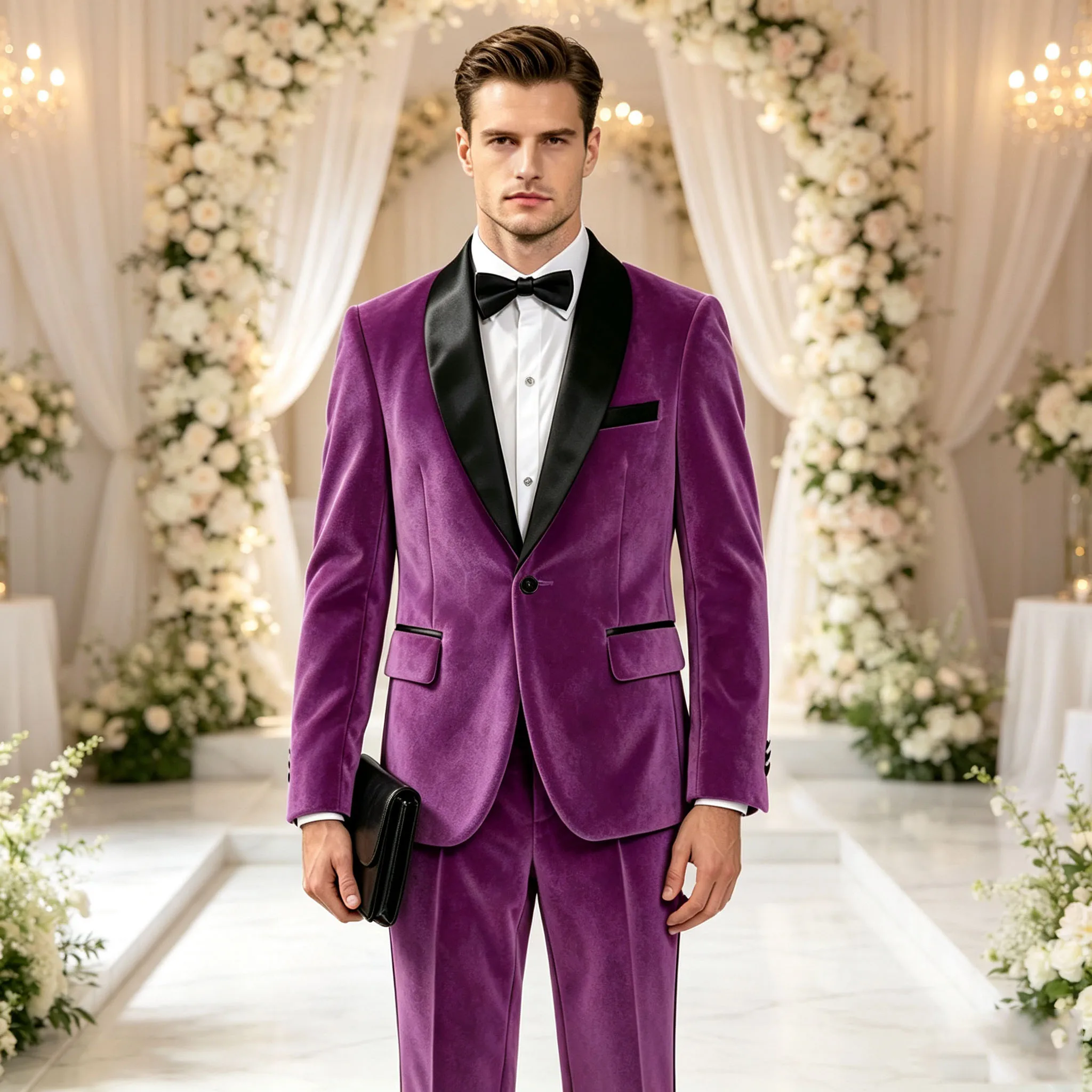 Elegant Men's Velvet 2 Piece Tuxedo Suit Satin Shawl Lapel Slim Fit Blazer Pants Fashion Formal Set Wedding Party Prom Banquet