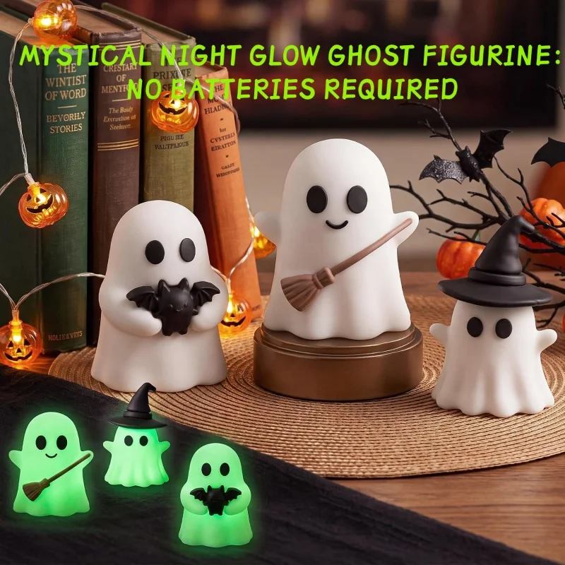3pcs Mini Spooky Glow‑in‑Dark Ghost Figure Luminous Ghost Statue Halloween Home Desktop Ornament Holiday Party Decoration Gift