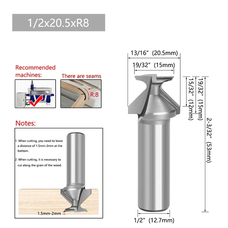 AURWOF 1 Stück 1/2" Schaft Holzbiegefräser-Set, 2- und 3-schneidiger CNC-Fräser, R8-R50 Profilierwerkzeug für Holzkurven – Detail 4