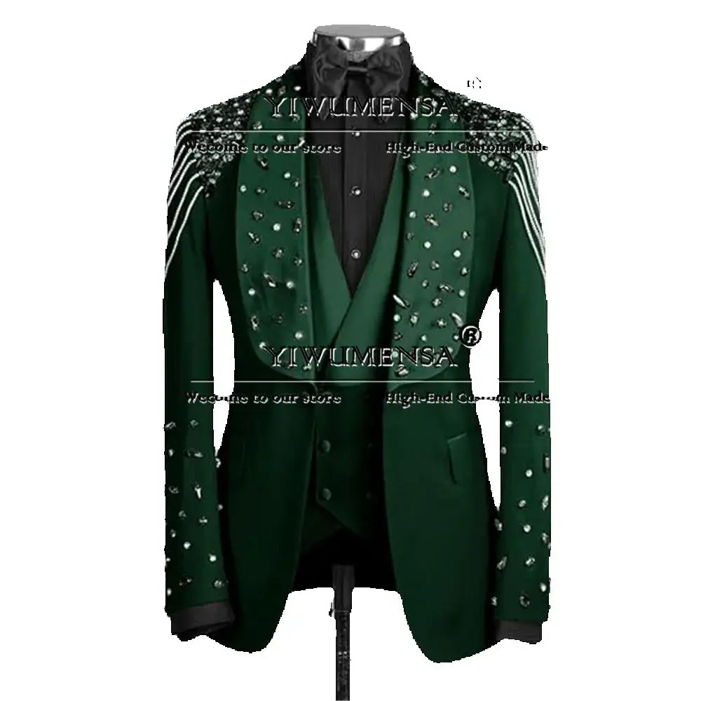 

Elegant Diamond Beaded Suits Men Slim Fit Shawl Lapel Blazers Formal Party Groom Wedding Tuxedos Customized 3 Pieces Man Clothes