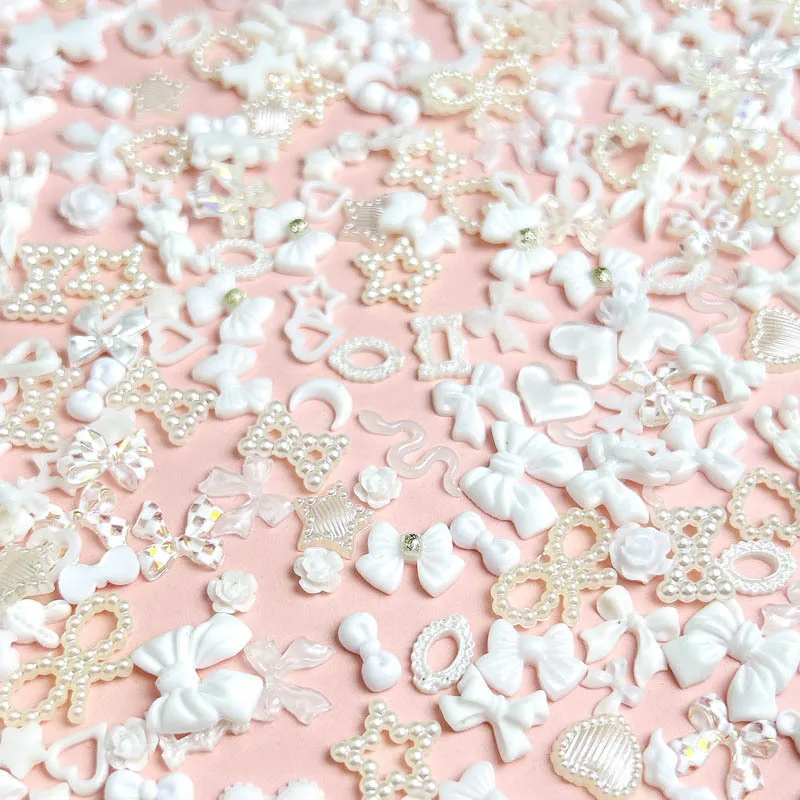 50PCS Mixed Design White 3D Nail Art Charms Bow Love Heart Stars Pearl Accessories Parts For Nails Decoration Manicure Supplies