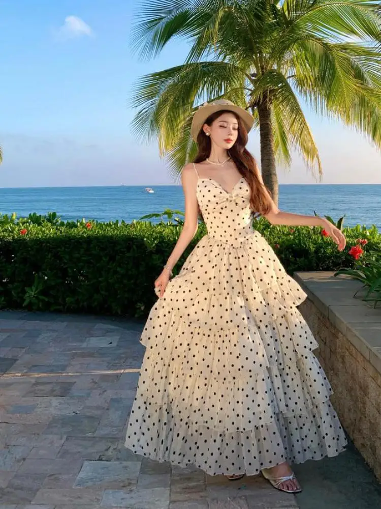 

2025 Summer White Dot V Neck Elegant Sexy Vacation Party Long Dress Women Sleeveless Backless Slim Ruffles Pleated Slip Dresses