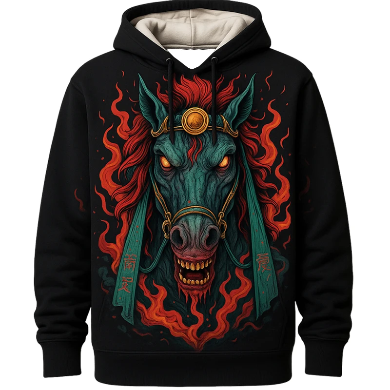 2025 New 3D Rinted Chinese Style Cow Head And Horse Face Print Pattern Casual Hoodie Trendy Cool Top Pullover With Soft Texture