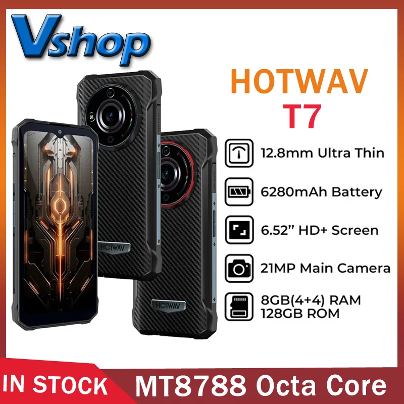 HOTWAV T7 Rugged Phone 6.52'' HD+ Display 4GB+128GB 6280mAh UltraThin 21MP MT8788 Octa Core Android 13 4G Smartphone