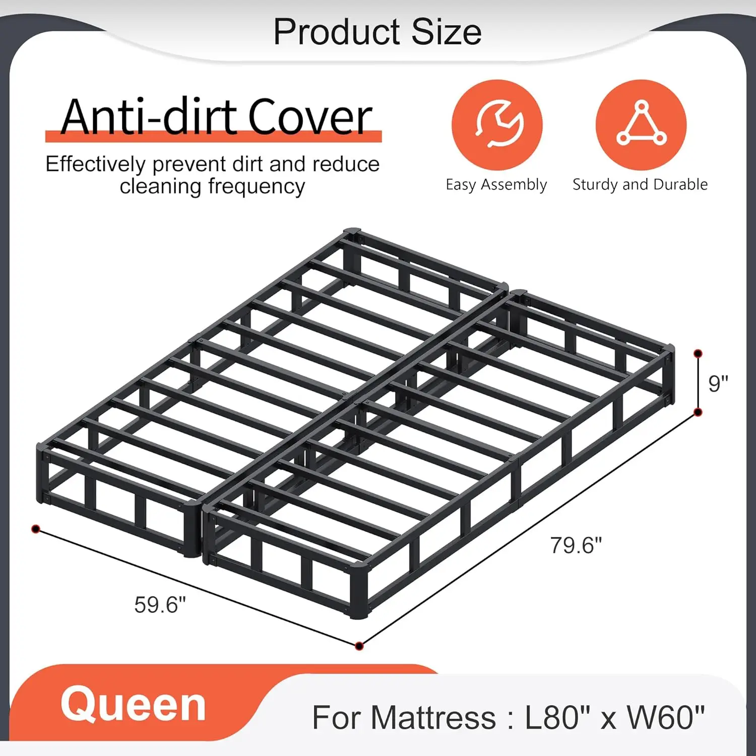 Queen Bed High Profile Metal Box Spring, Fabric Cover, Noise-Free, Easy Setup