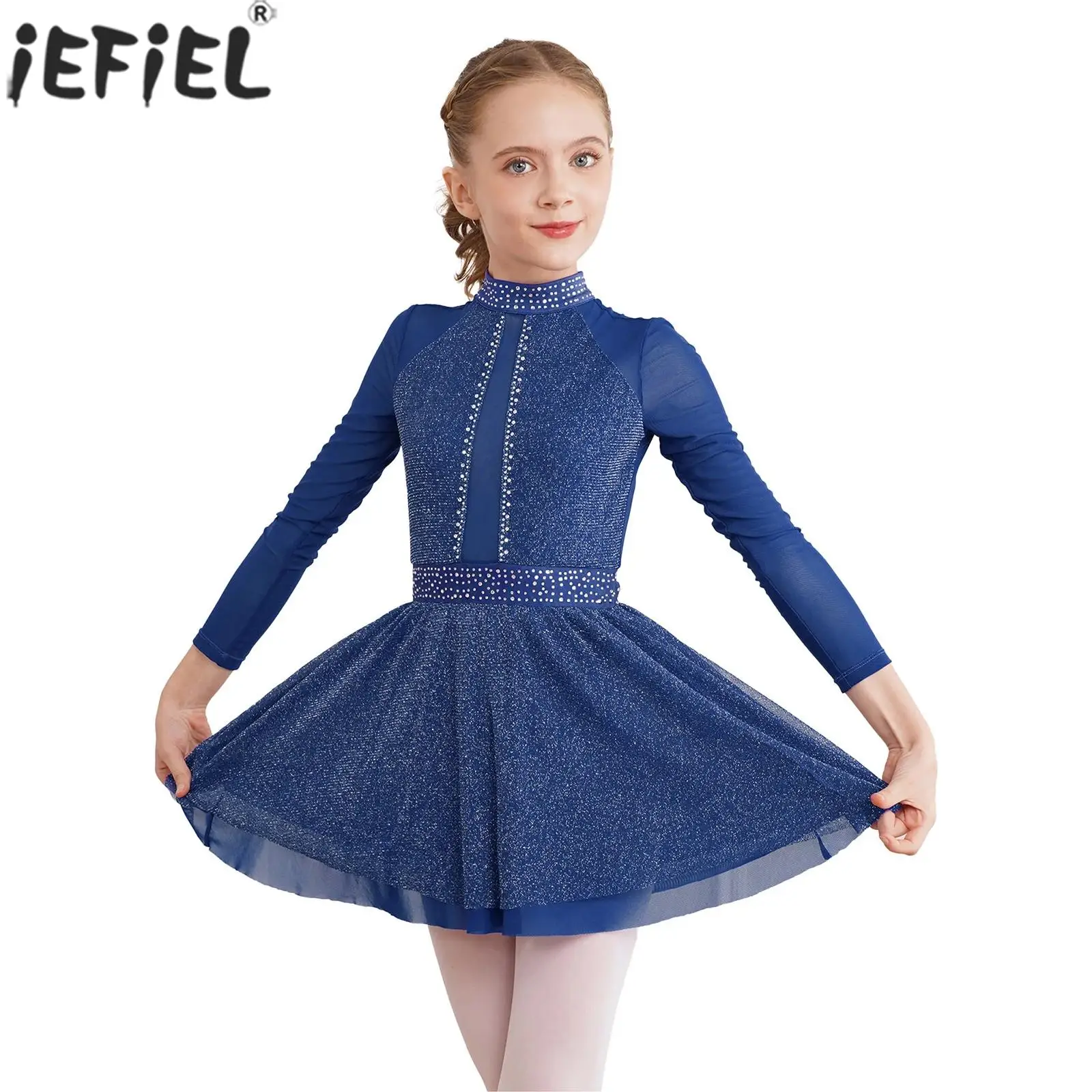 

Kids Girls Figure Skating Costume Ballet Lyrical Dance Gymnastics Leotard Dress Long Sleeve Shiny Mesh Performance Dancewear