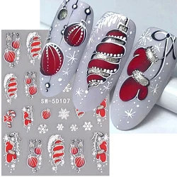 Pegatinas de uñas de Navidad Rojas 5D, brillo en relieve, guantes de copo de nieve, Bombilla de plumas, campanas, decoración de manicura grabada DIY, Invierno