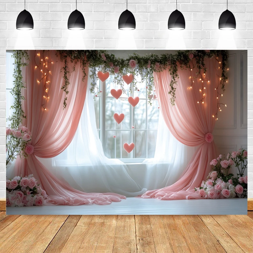 February 14th Valentine's Day Photography Background Love Heart Flower Window Pink Curtain Wedding Party Banner Photo Backdrop