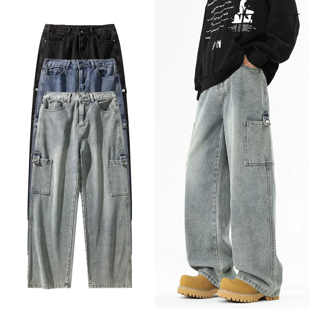

Новые мужские джинсовые брюки с несколькими карманами, украшенные пуговицами, свободные широкие прямые повседневные брюки Y2K, уличные джинсы