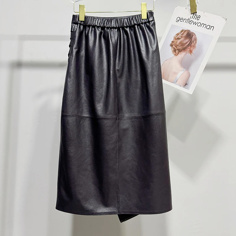 Purple/Black Leather Skirts Spring Autumn Women Irregular Pleated Design Plant Tanned Sheepskin Mid-Length Wrap Hip Half Skirt