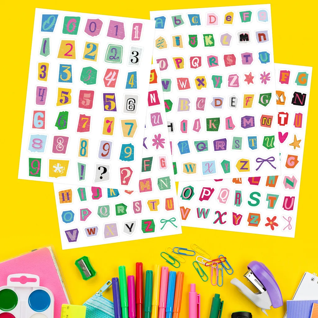 201Pcs Ransom Letter Number Graffiti Stickers Waterproof Half Cut Alphabet Numeral Decals Golden Memory Stickers Store
