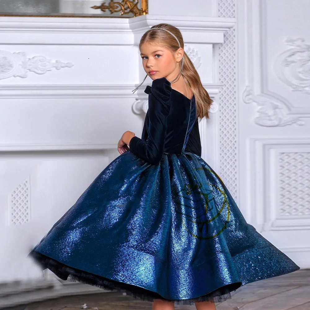 Neues tiefblaues Mädchen geburtstags feier kleid langärmliges Blumen mädchen kleid Weihnachts geschenk mit Schleife