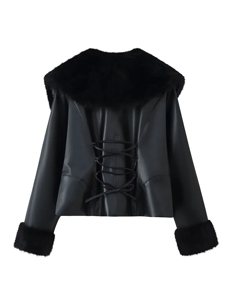 

Female High Street Casual Warm Short Jacket Mujer Women Winter Fashion Fur Collar Spliced ​​Leather Long Sleeve Jacket
