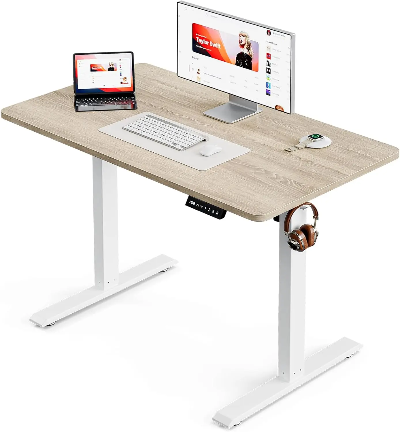 Height Adjustable Sit Stand Desk with Hooks for Home Office, Metal Frame Stand Up Desk with Powerful Mot