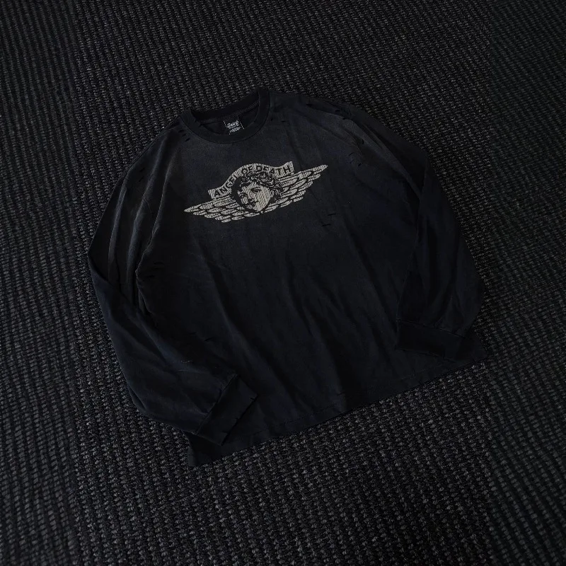High Street Saint Vintage Washed Angel Graphic Long Sleeve Tshirt Men Women Casual Fashion T-shirts