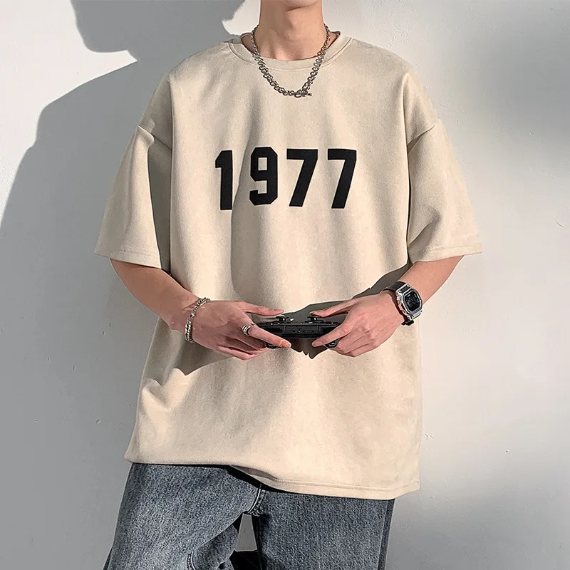 

Men's Suede Short Sleeve T-Shirt Loose Fit Casual Style Half Sleeve Body Tee Heavyweight Summer Trendy Brand American High St...