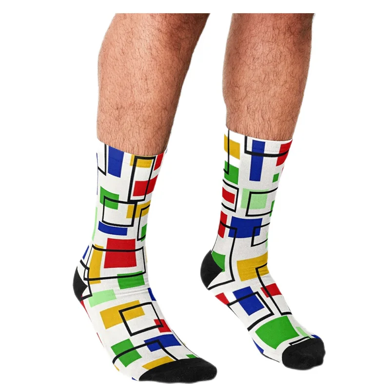 Funny Men socks Mondrian Minimalist lattice Printed hip hop Men Happy Socks cute boys street style Crazy novelty Socks for men