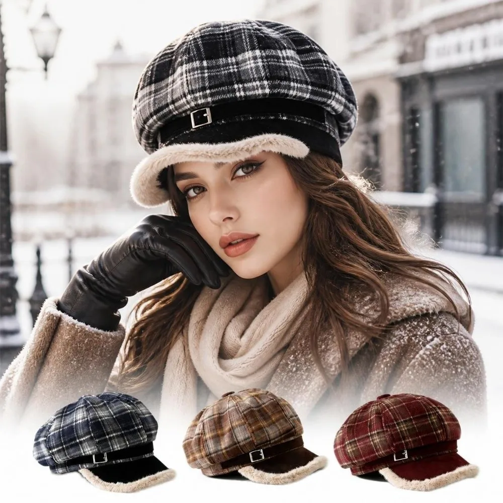 Vintage Faux Fur Lined Newsboy Cap Warm Lining Adjustable Peaked Cap Plaid Pattern Octagonal Hat Winter