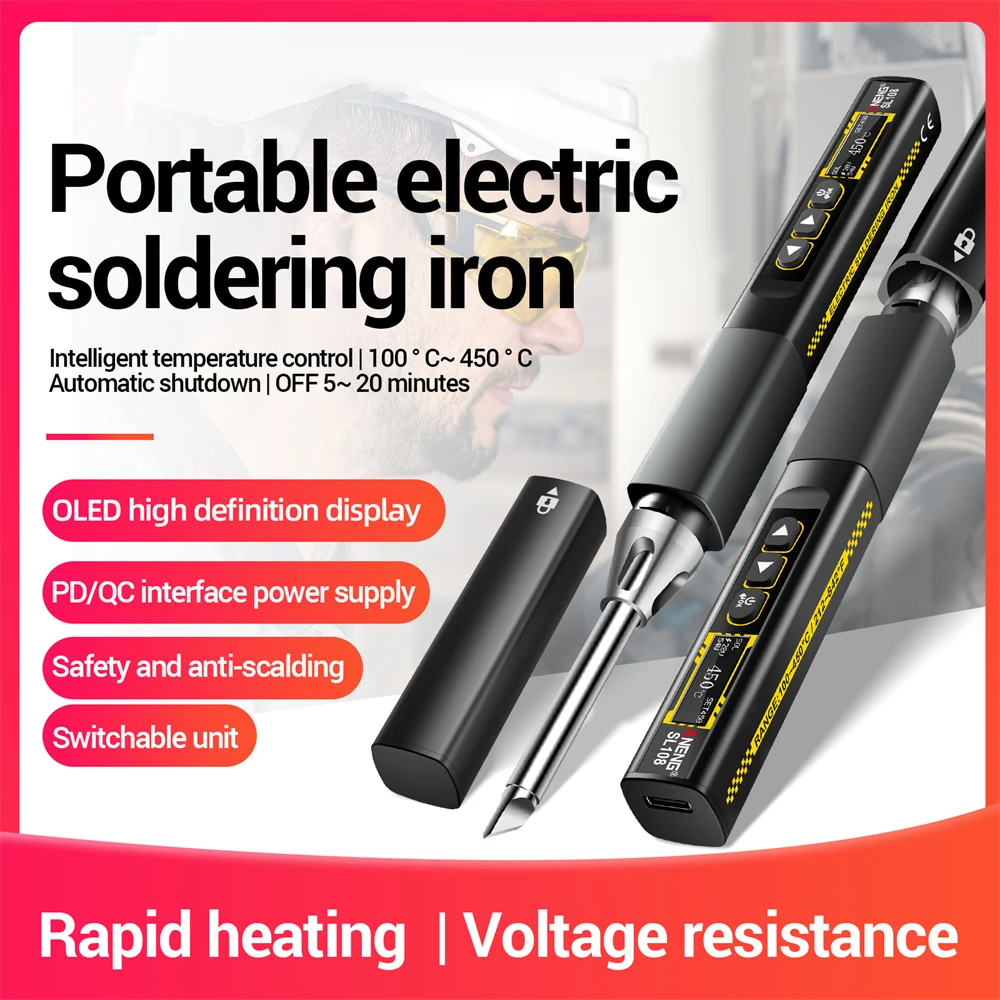 

SL108 Digital Electric Soldering Iron Kit 96W Fast Heat Adjustable Temperature 100-450℃ Portable Welding Solder Repair Tool