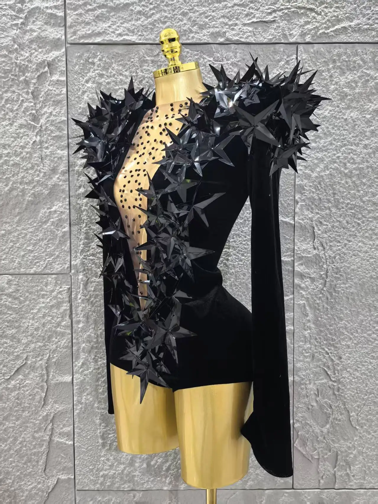 Women Evening Party Club Gala Hosts NightClub Bar Stage Costumes Shiny Black Rhinestone Velvet Long Sleeve Bodysuit