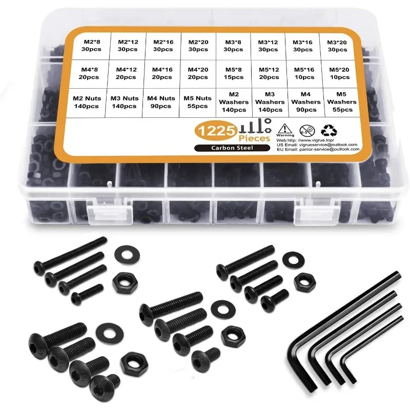 

1225Pcs Carbon Steel Screws Set with Nuts Washer Hexagon Socket Countersunk Head Scews Nut Kit hardware tools M2 M3 M4 Screw