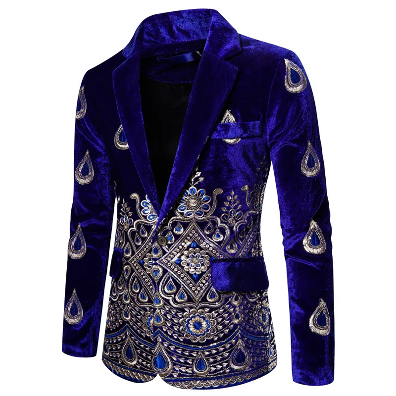 High Quality Men\'s Blazer Costume Stage Jacket Suit Male Velvet Gold Thread Embroidered Dress Suit for Men