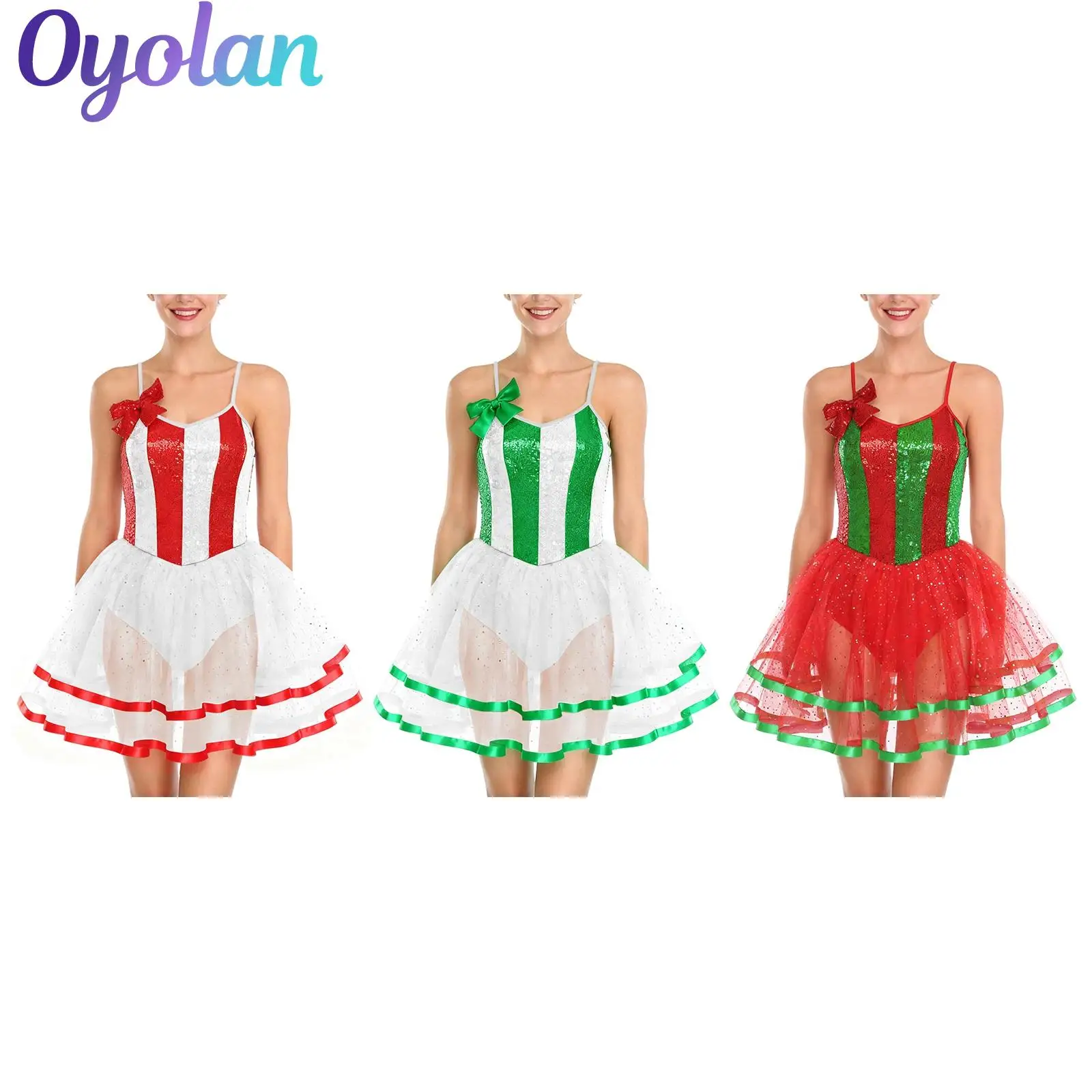 

Women Christmas Candy Cane Ballet Tutu Skirted Leotard Dress Mrs Santa Claus Cosplay Costume Bow Color Block Shiny Sequins Dress
