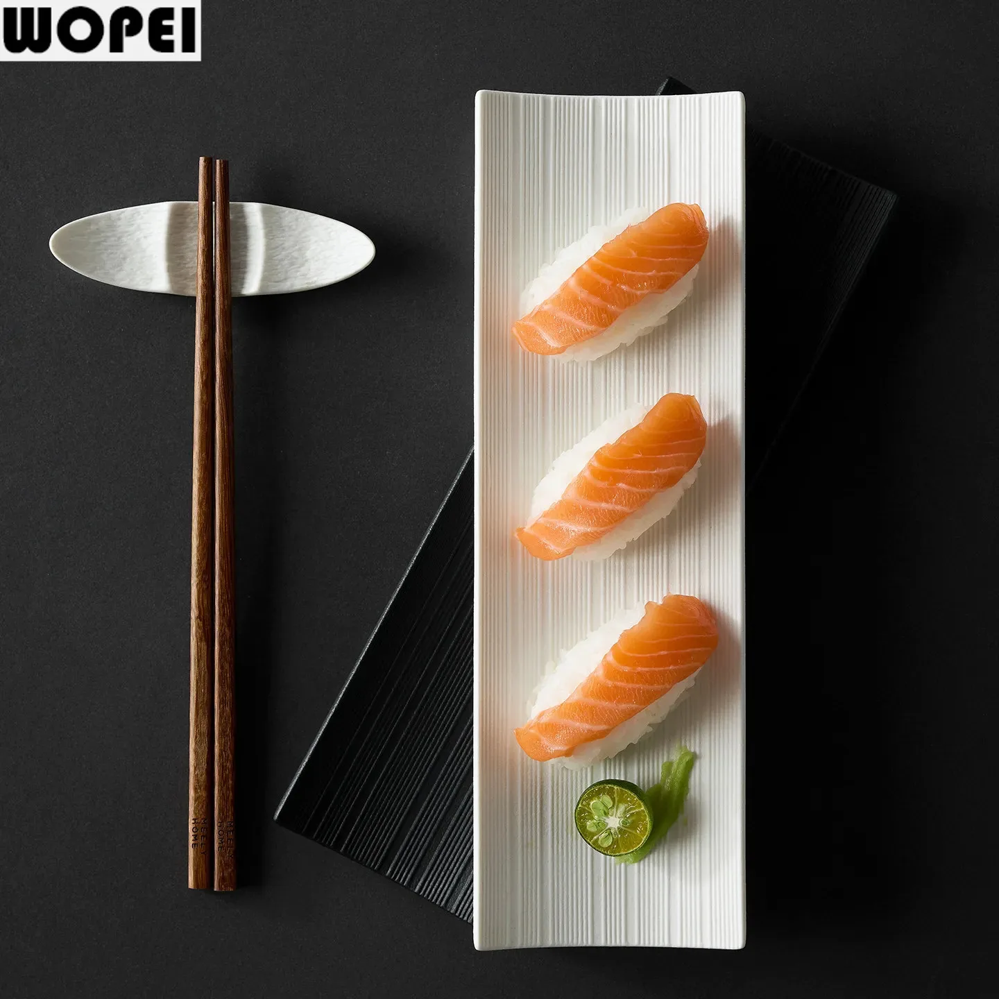 Solid Color Striped Ceramic Long Strip Plate Rectangular Sushi Plate Sashimi Plate Dessert Dish Serving Plates Kitchen Utensils