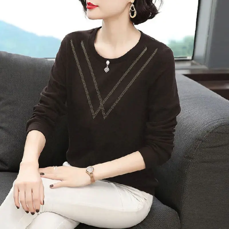 

Women's Clothing Solid Color Pullover Round Neck Geometric Lantern Long Sleeve Rhinestone T-shirt Casual Elegant Aesthetic Tops