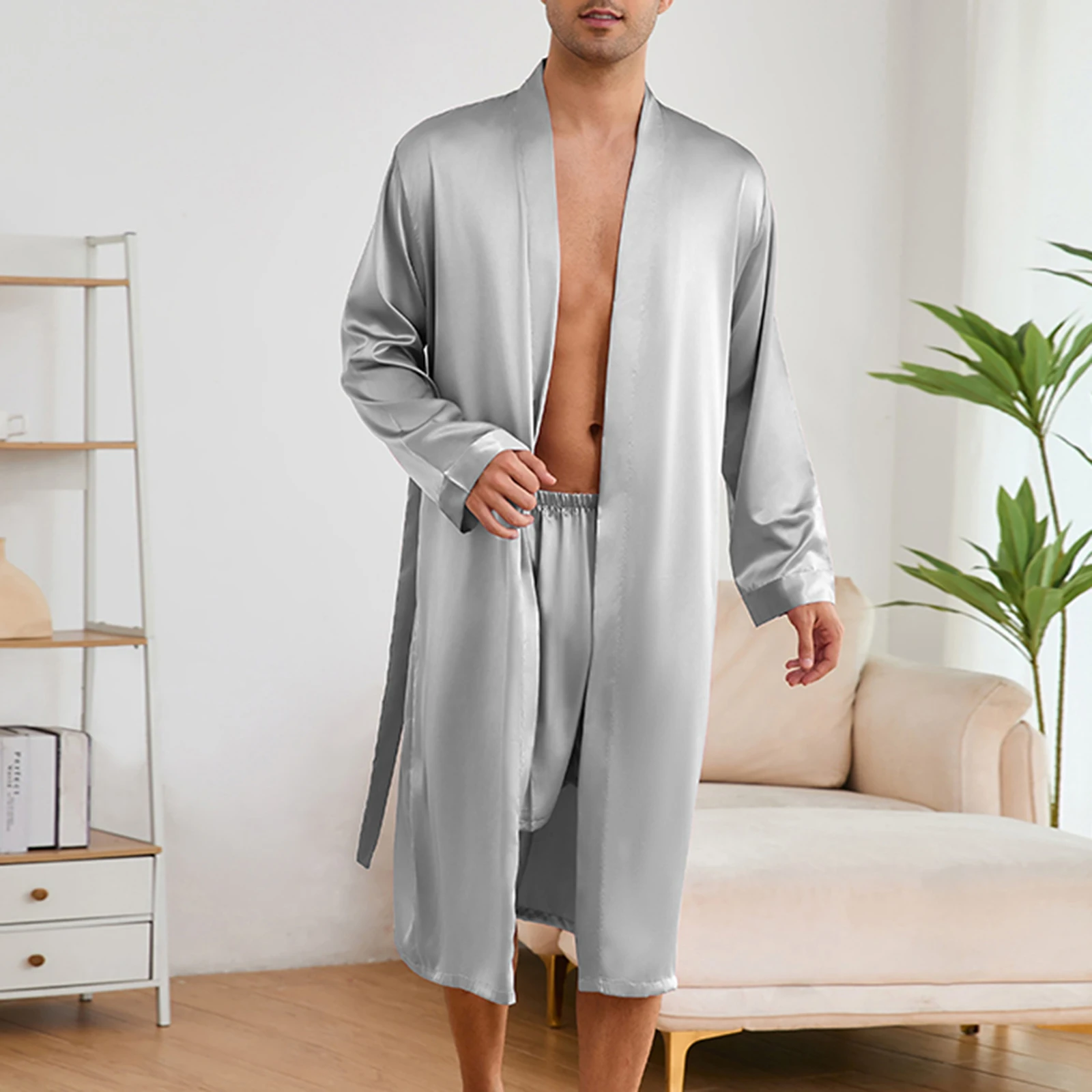 Men's Silky Bathrobe Set with Shorts - Solid Color Long Sleeve V-neck Wrap Nightwear 2 Pcs Robe with Belt