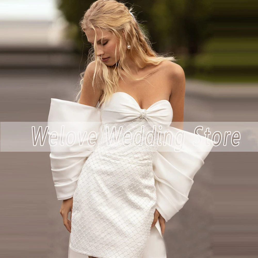 Moderne Kurze Hochzeit Kleid Für Braut Bogen Zug Schatz Neck Sleeveless Nach Mini Brautkleid Perle Weiß Vestido De Novia