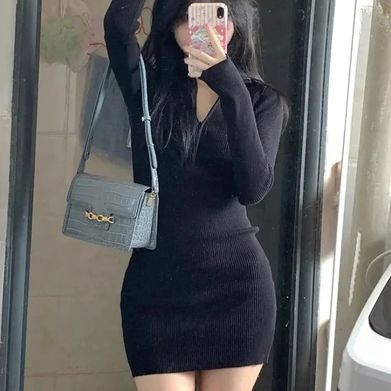 Dresses for Women Extreme Mini Crochet Knitted Bodycon Sexy Daring Clothes Black Short Woman Dress V Neck Autumn and Winter Thic