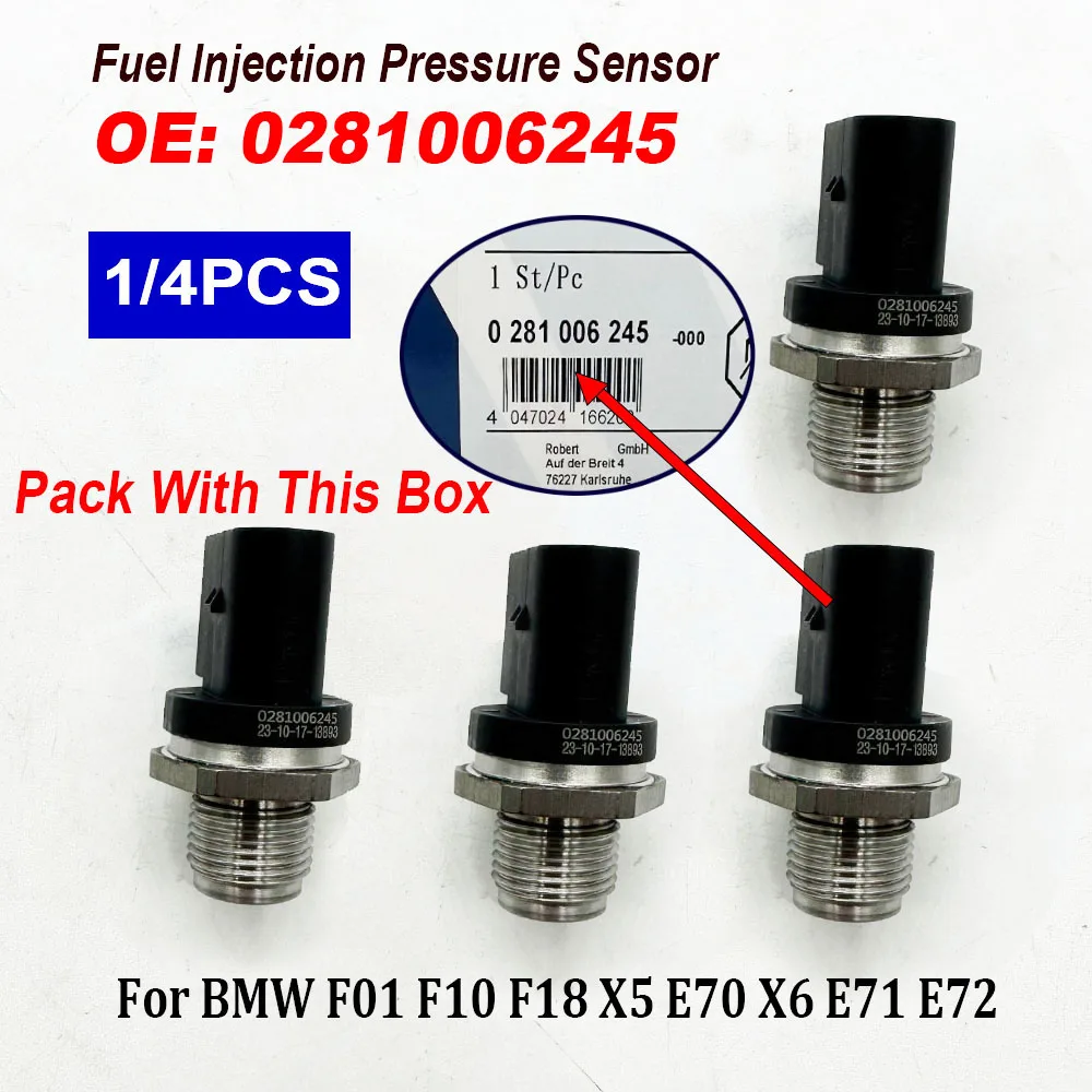 1/4PCS For B-MW F01 F10 F18 X5 E70 X6 E71 E72 2011-2019 0281006245 Fuel Rail Pressure Sensor 13534744484 13538508156 281006245