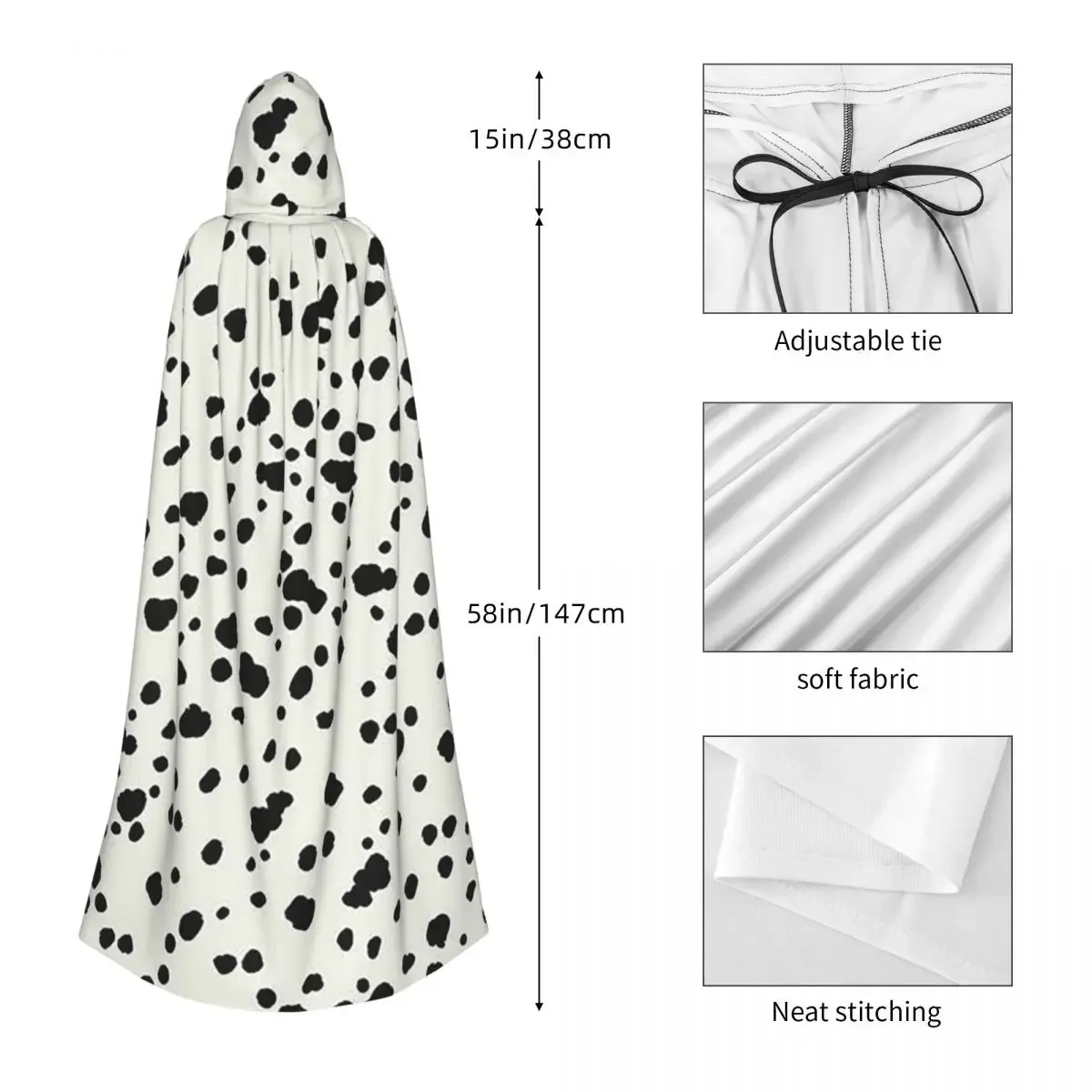Dalmatian Dog Texture Long Hooded Cloak Witch Medieval Costume Cosplay Cape HalloweenVampire Adult Unisex