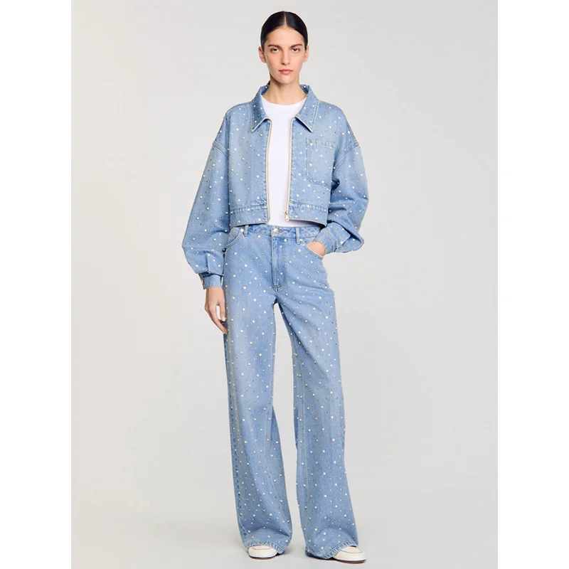 

Широкие джинсы Ele с белыми бусинами, украшенные бисером для женщин, весеннее новое поступление, повседневные джинсовые брюки с завышенной талией, одежда для взрослых