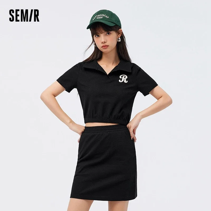 

Semir Set Women Polo Neck Embroidered Top Elastic Waist Skirt 2024 Summer New Waffle Two Piece Casual Set