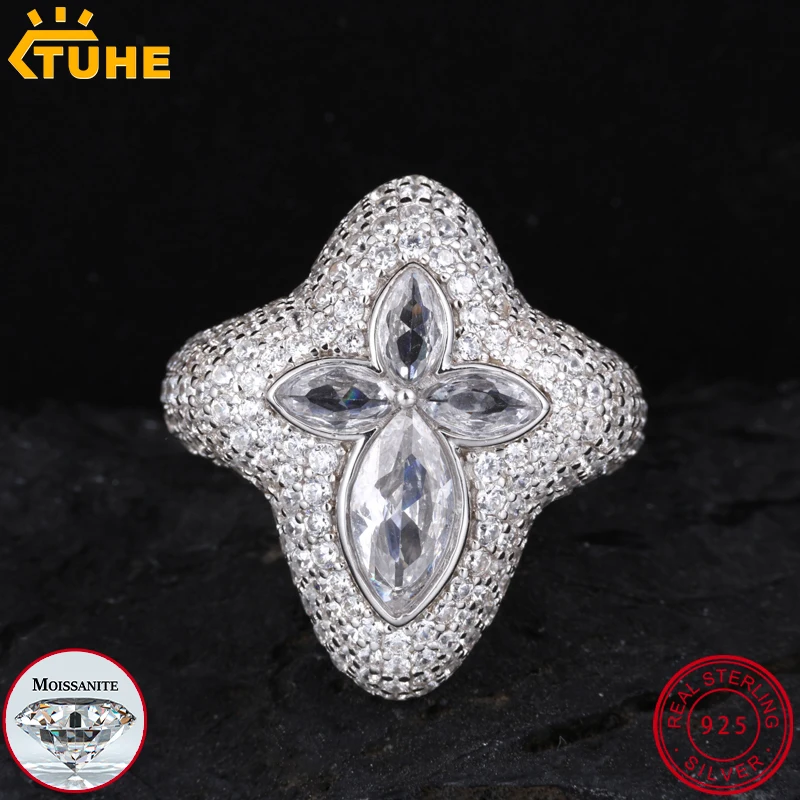 

TUHE Unisex Rings Iced Out Baguette Cross Rings S925 Silver VVS1 Moissanite Ring For Men Women Hip Hop Jewelry Gift