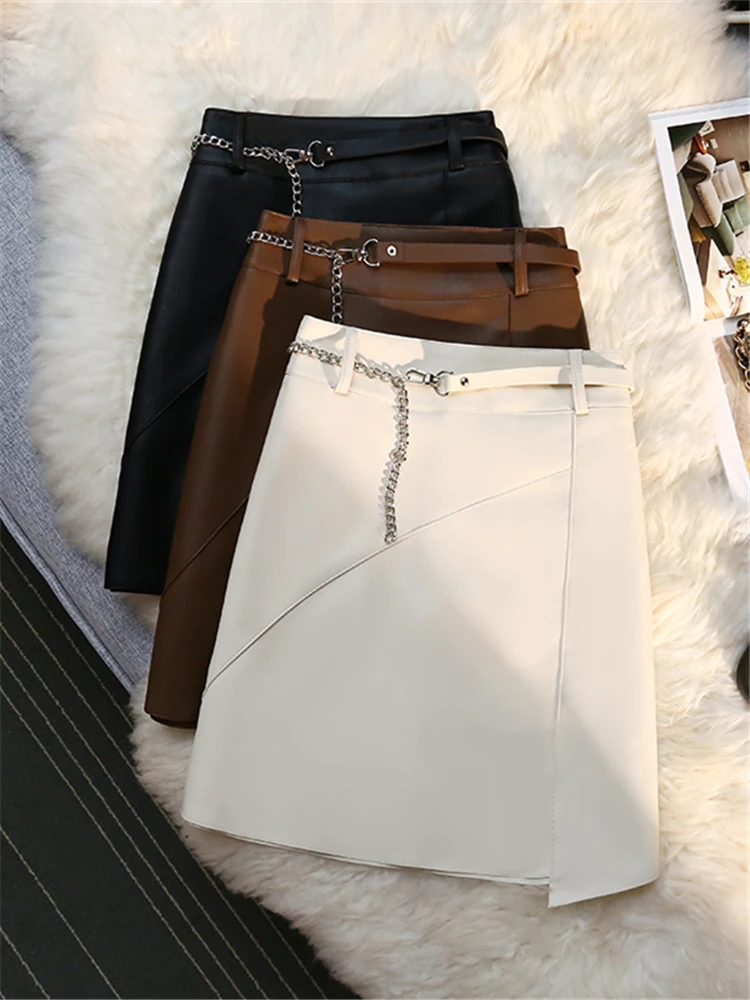

PU Faux Leather Women's Wrap Sexy Mini Skirts with Belted 2022 New Autumn Winter Irregular Solid Short A-Line Skirts Female