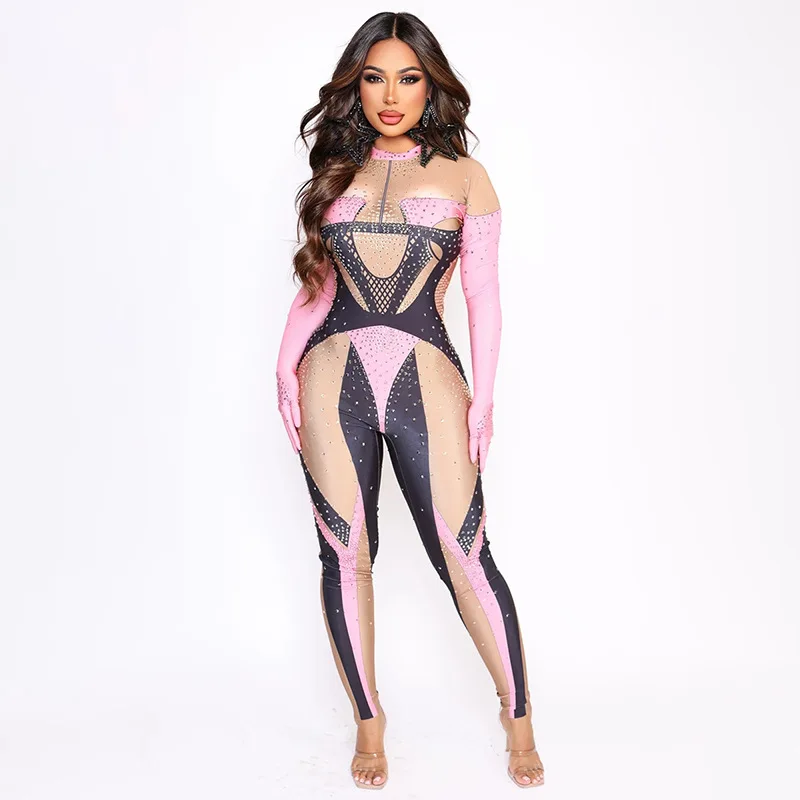 Sexy Little Diamond Embellish Slim-fit Long Sleeve One-piece Stage Bodysuit