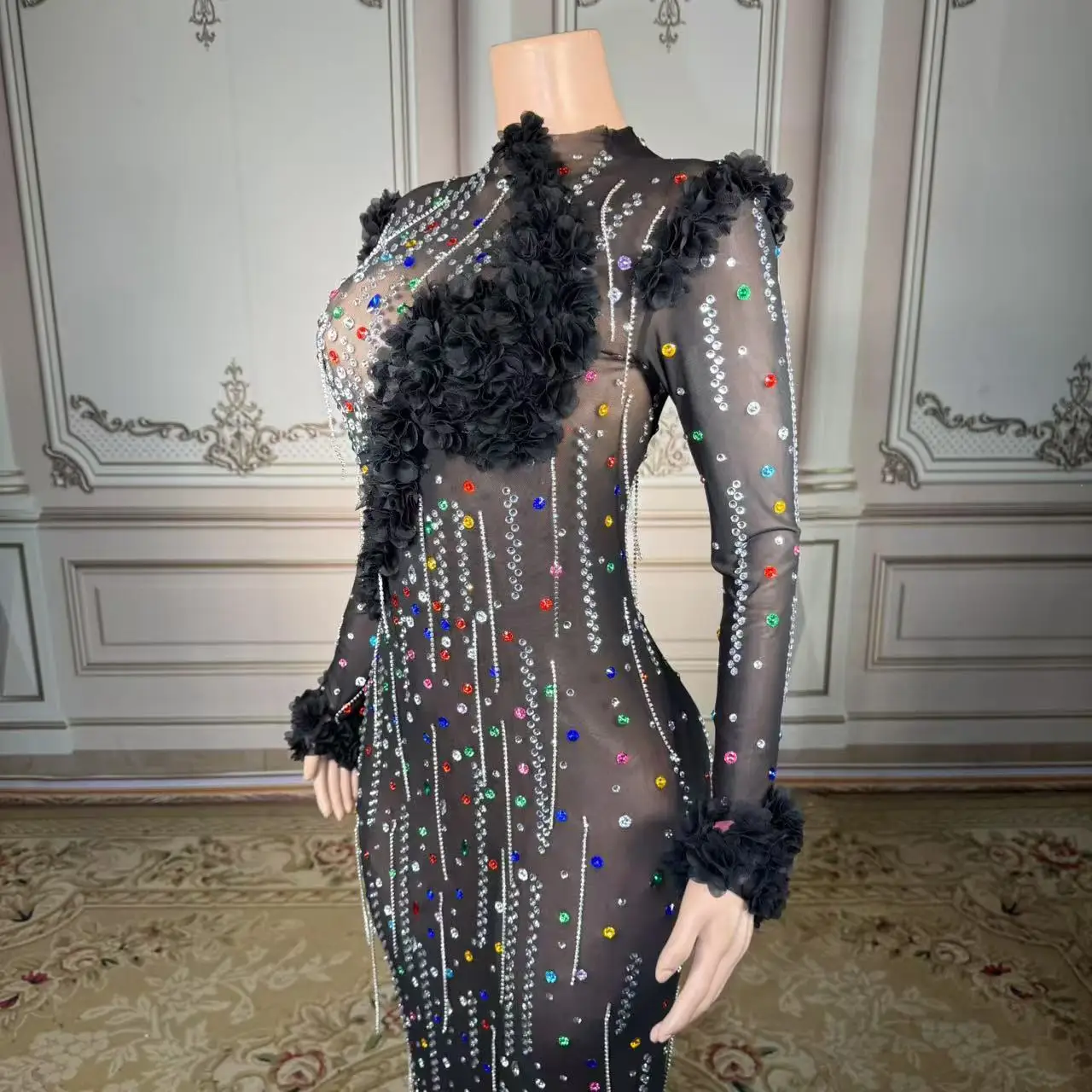 Sexy Tassel Rhinestone Rompers Festival Clothing Gogo Dancer Costume Mesh One Piece Jumpsuits Women Stage Performance Bodysuits