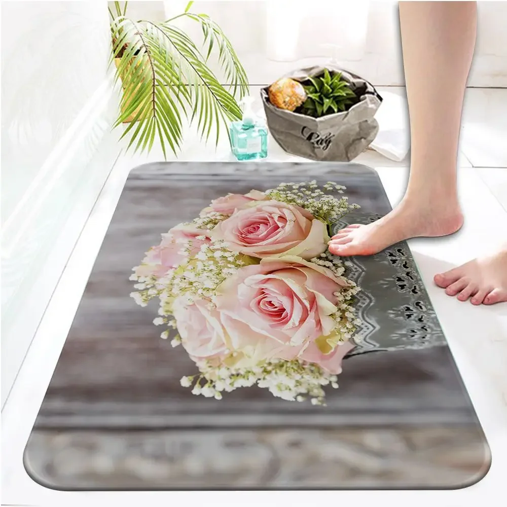 Bucket flowers pink roses vase  Printed Flannel Floor Mat Bathroom Decor Carpet Non-Slip For Living Room Kitchen welcome Doormat