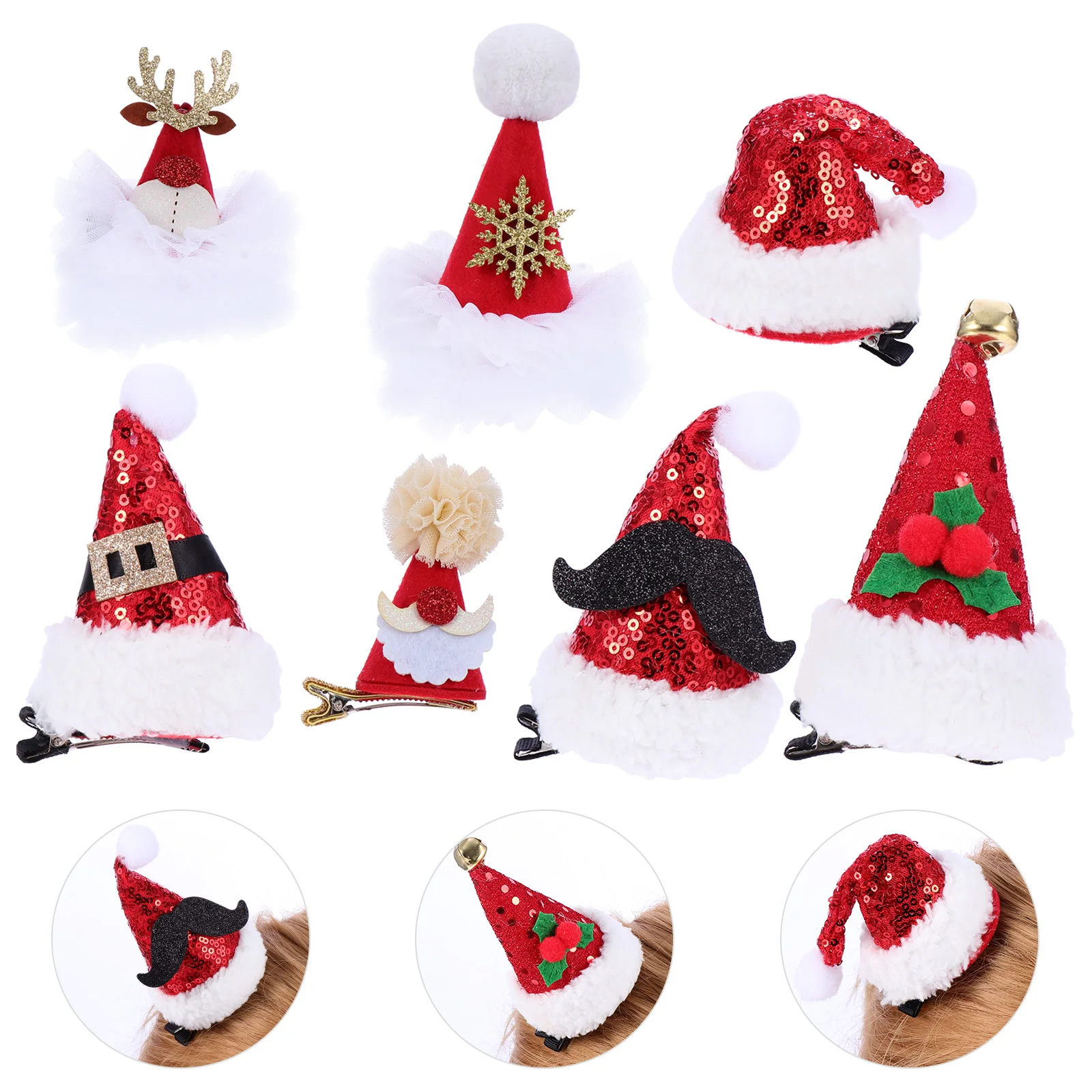 

7 Pcs Christmas Hair Clips Set Red Glitter Hairpins Kids Barrettes Santa Hat Decor Hairstyle Accessories Holiday
