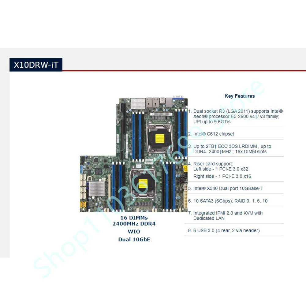 

LGA2011 DDR4 X10DRW-iT Server Motherboard Support E5-2600 v4/v3 Family X540 Dual Port 10GBase-T SATA3 (6Gbps)