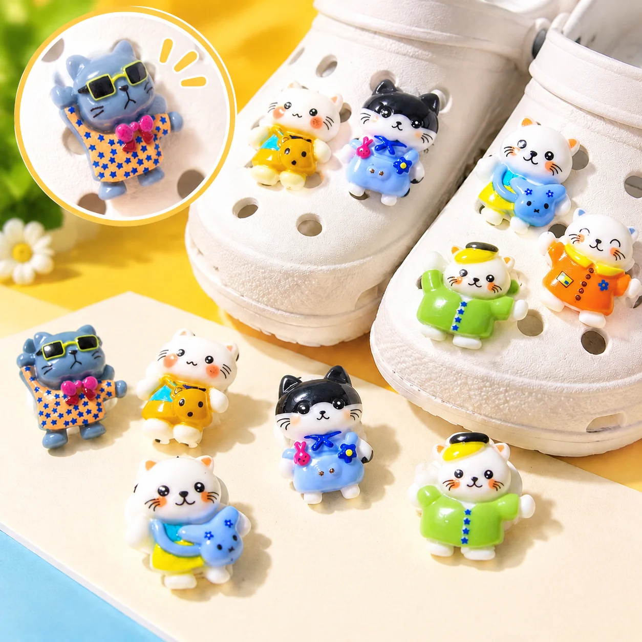 16pcs Mixed Dressed-Up Cat Resin Shoe Charms - Backpack Cat Clog Decor for Sandals & Beach Bags
