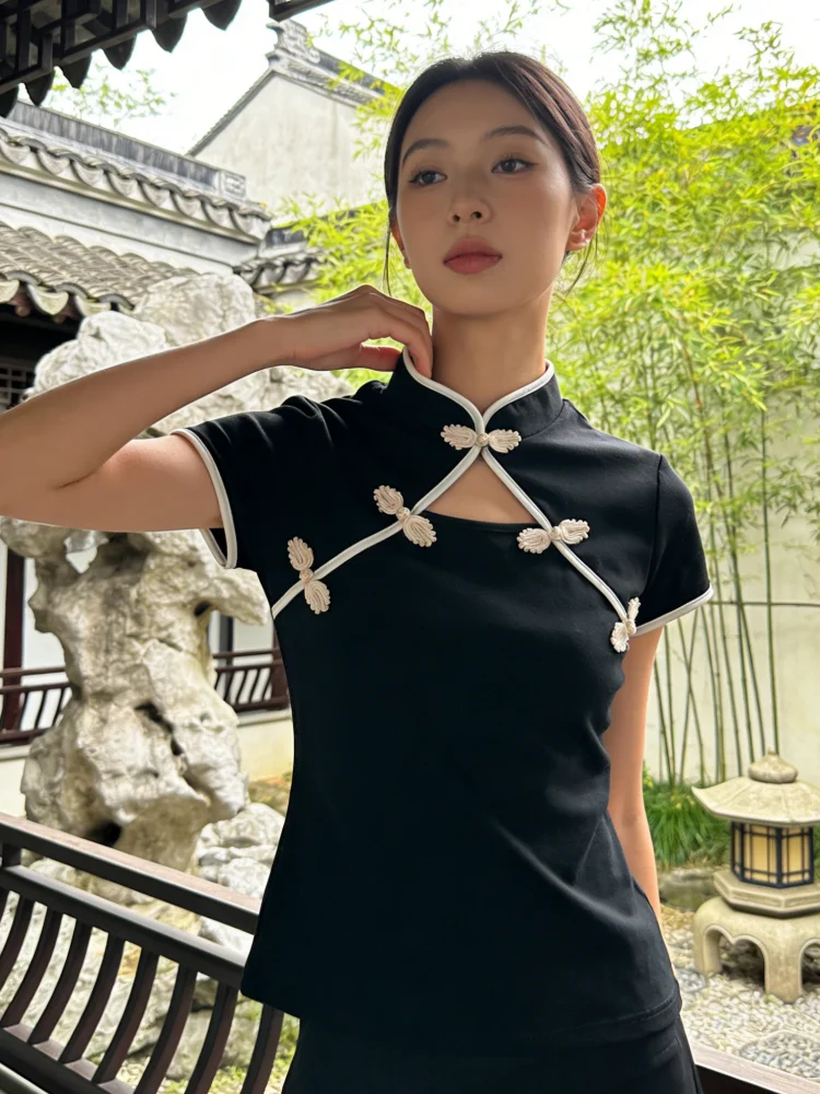 Women Black Cheongsam Inspired Top 2026 Slim Fit Mandarin Collar Frog Button Short Sleeve Tee