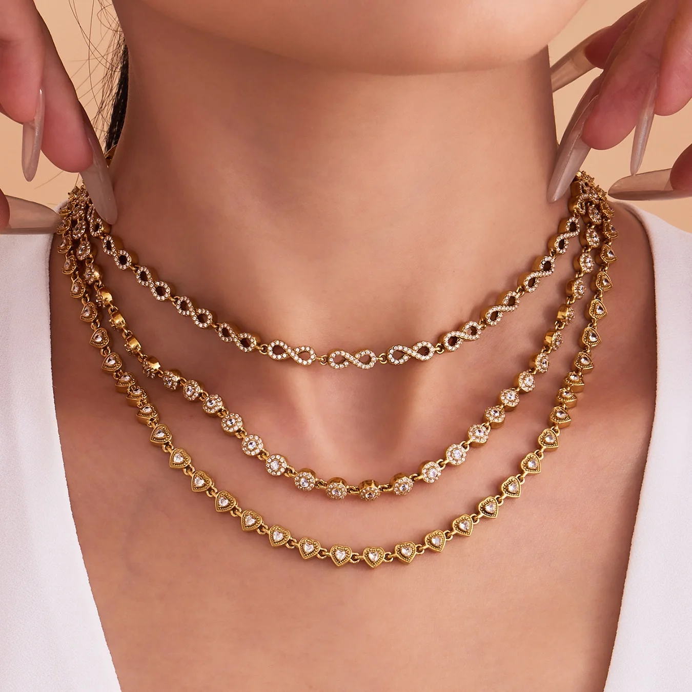 

Stainless Steel Iced Out Infinity Link Chain Necklace Bracelet Set Pave CZ Rhinestone Tennis Choker Luxury Wedding Jewelry