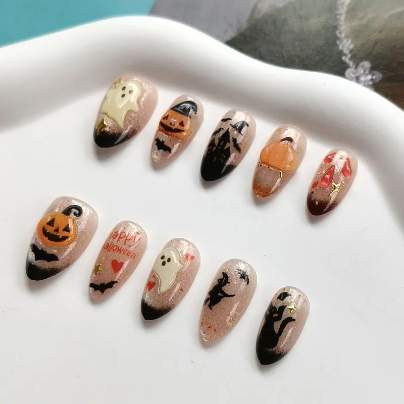 10 Stück 3D Geister-Kürbis Katzenaugen-Kunstnägel mit rauer Textur, Halloween-Nägel, europäische & amerikanische Nagelaufkleber, künstliche Nägel – Detail 8